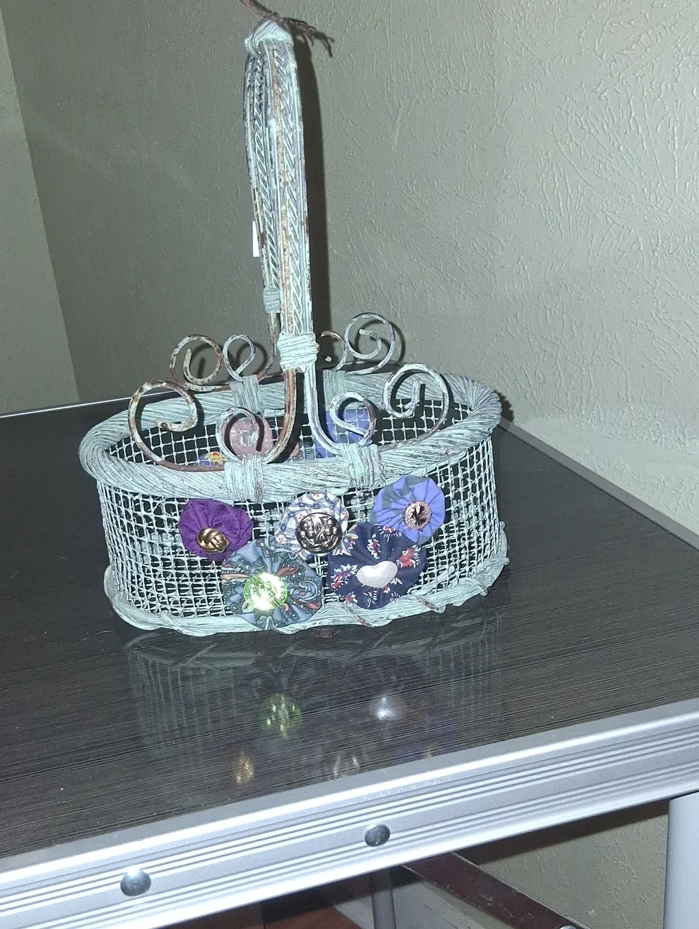 Decorative Woven Basket with Fabric Flower Accents - Pale Aqua